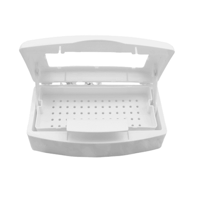 white plastic disinfectant container with a clear lid. also referred to as the sterilizing tray opened